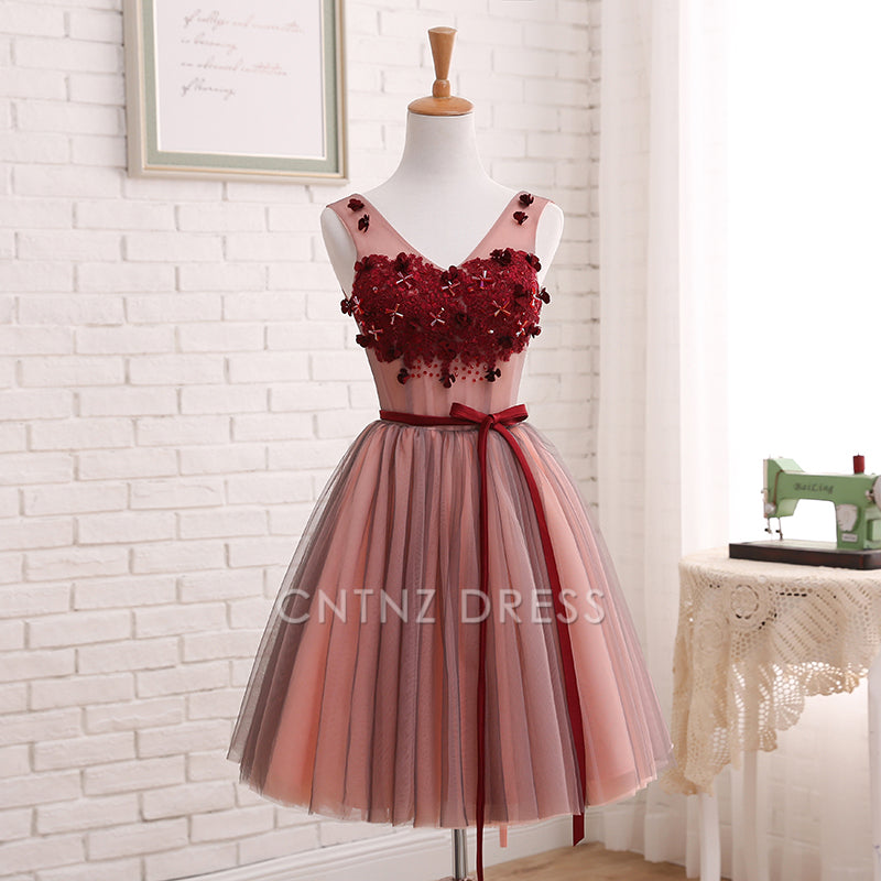 CNTNZ DRESS Hot Sale Short Prom Dress A Line V Neck Sleeveless Tulle Flowers Fashion Homecoming Dress