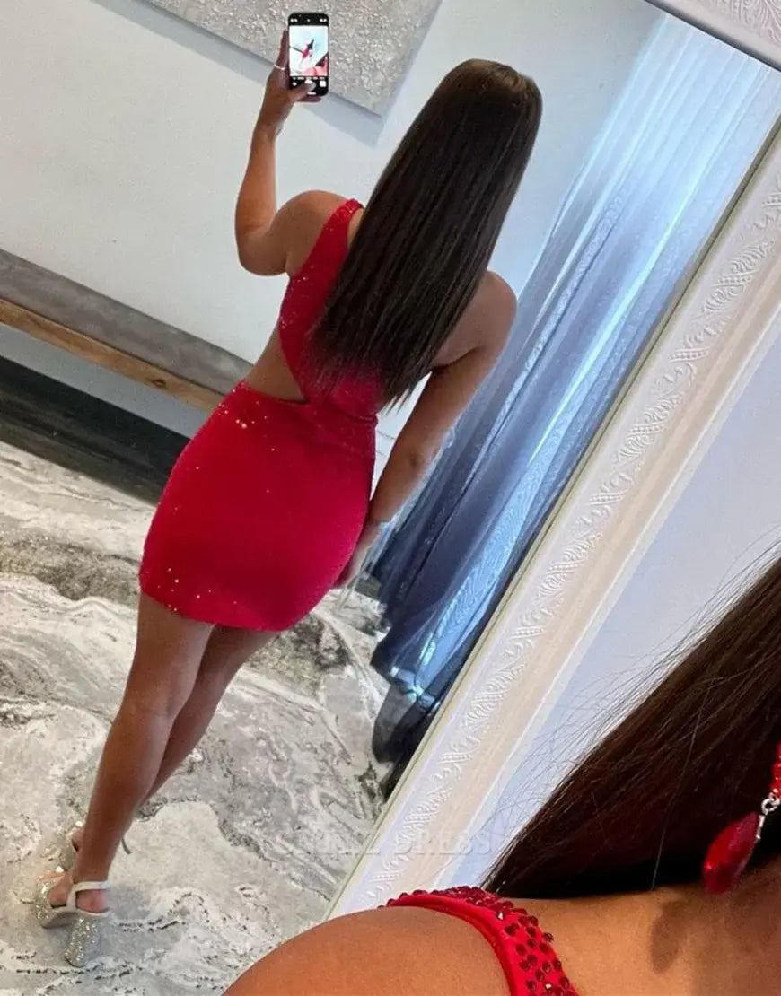 Wholesa Sheath One Shoulder Cutout Waist Red Short Glitter formal dresses Bridesmaid Dresses evening gown Prom Dress Homecoming Dress