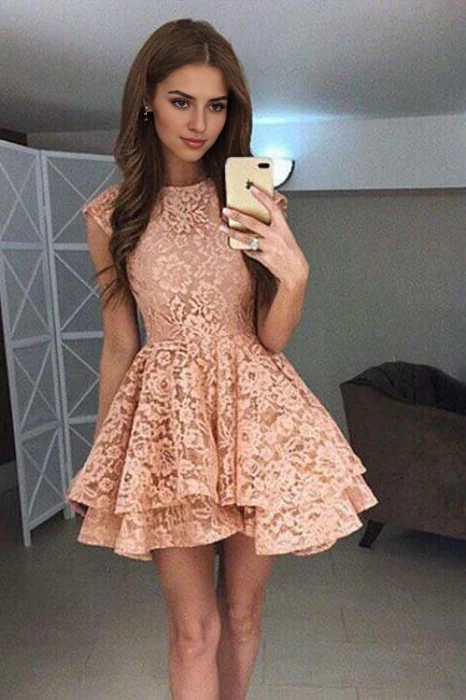 CNTNZ DRESS Hot Sale Short Prom Dress A-Line Round Neck Tiers Cute Lace Homecoming Dress
