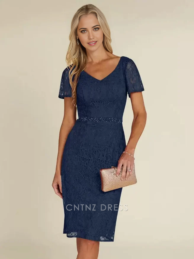 Wholesa Sheath V-Neck Short Sleeves Short Lace Knee-Length Wedding Guest Dresses Mother of the Bride Dresse