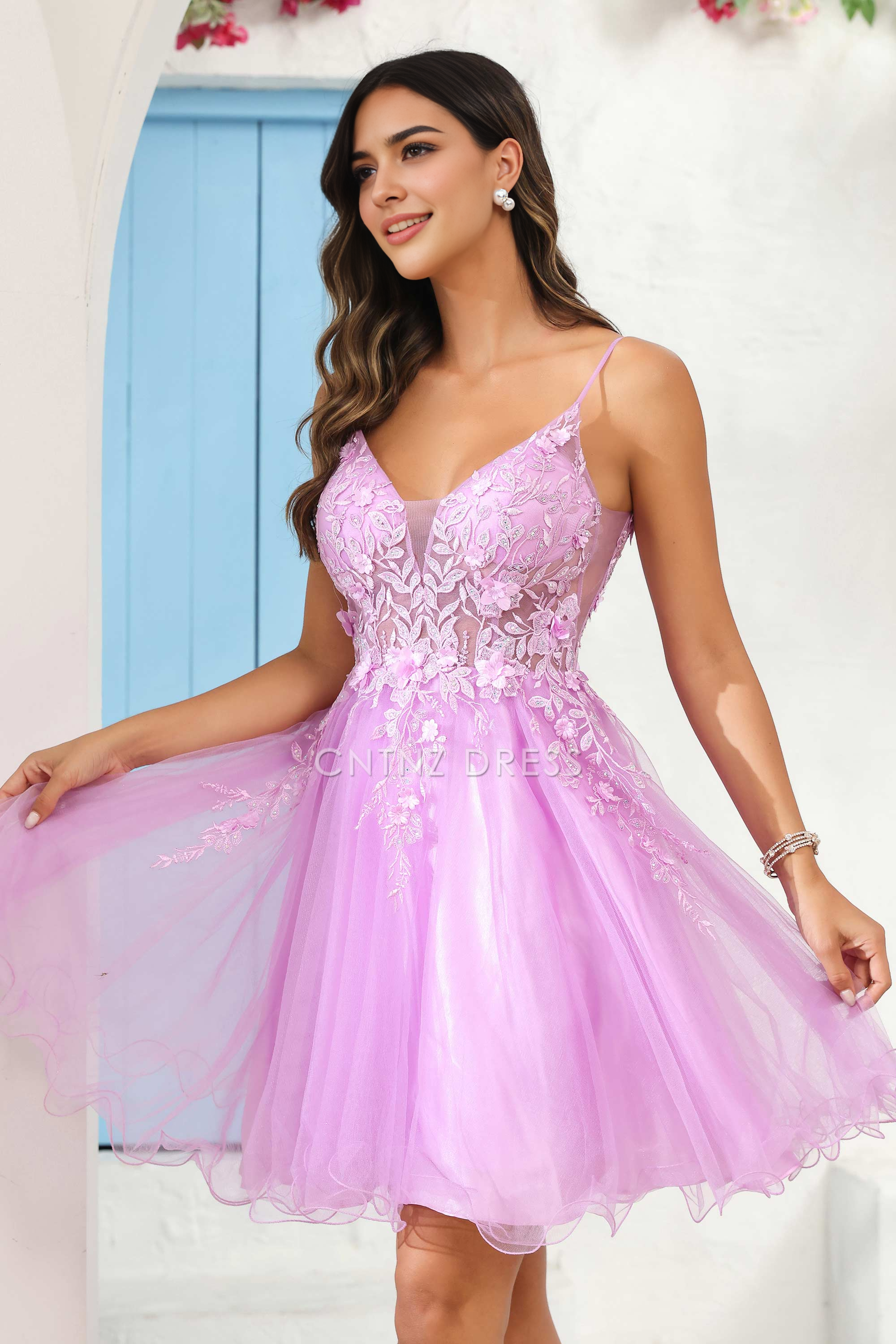 CNTNZ DRESS Exquisite A Line V Neck See-through Applique Tulle Backless Mini Dress Hot Sale Homecoming Dress