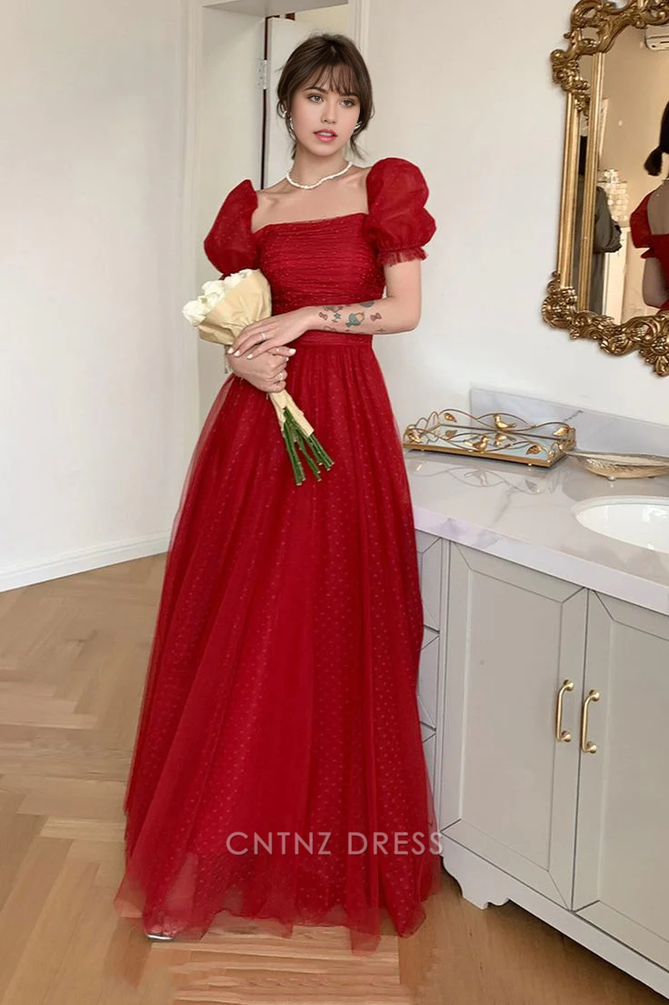 Wholesa A Line Sweetheart Pretty Red Tulle formal dresses Bridesmaid Dresses evening gown Prom Dress
