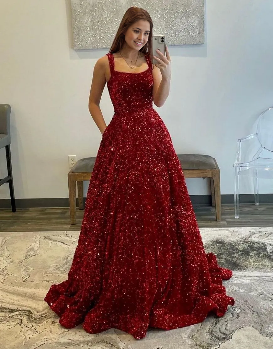 Wholesa A-Line Shoulder Straps Long Sequin formal dresses evening gown Prom Dress