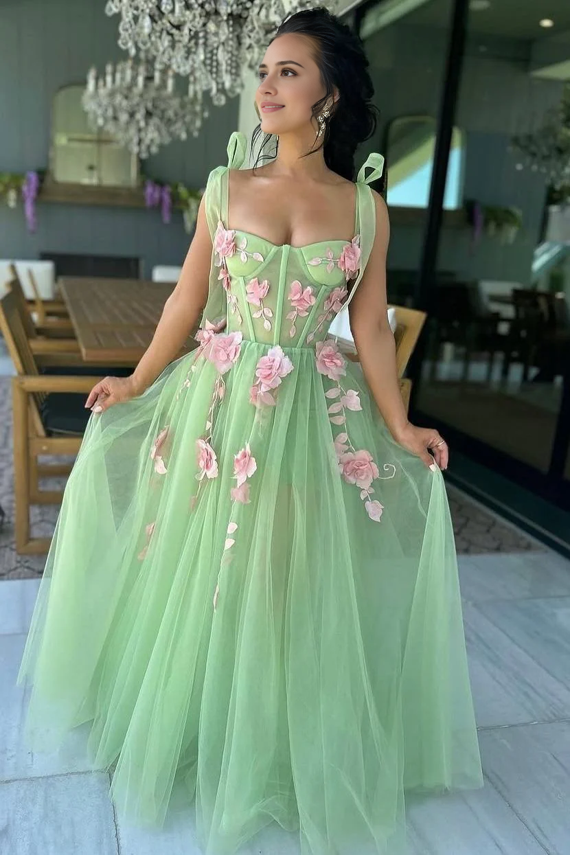 Romantic Formal Women's Dresses Sweet Green A-Line Straps Sweetheart Neckline Sleeveless 3D Flower Appliques Tulle Long Prom Dress Bargain Long Prom Dress