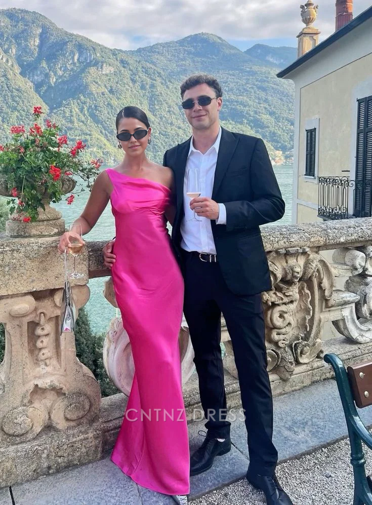 Wholesa Sheath One Shoulder Satin Hot Pink Long formal dresses Bridesmaid Dresses evening gown Prom Dress