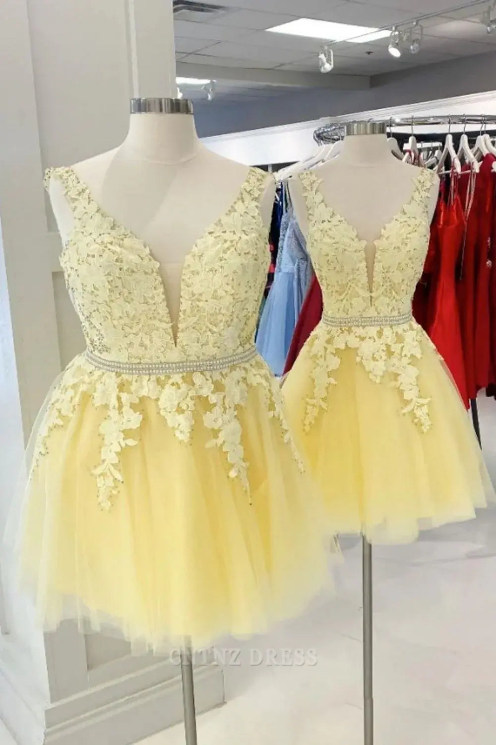 Wholesa A-Line Deep V Neck Appliques Homecoming Dress formal dresses Bridesmaid Dresses evening gown Prom Dress