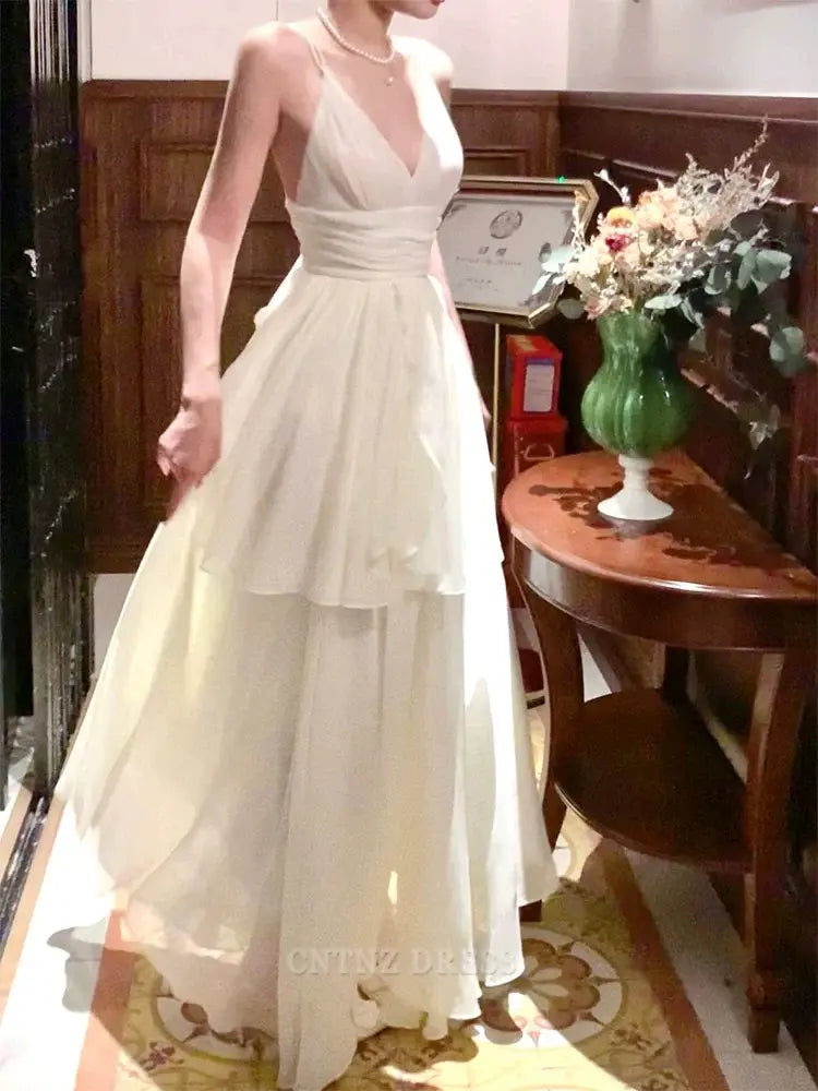 Wholesa A Line Spaghetti Straps Ivory Long formal dresses Bridesmaid Dresses evening gown Prom Dress With Layers