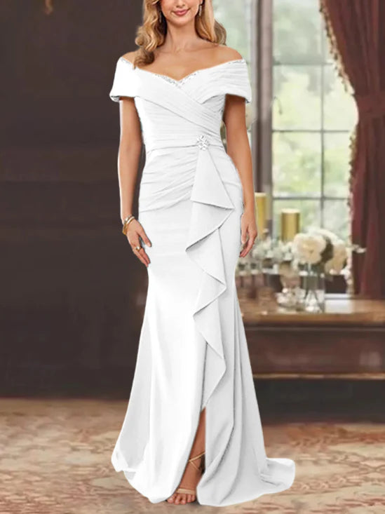 Wholesa Sheath Column Floor-Length Off-The-Shoulder Mother Of The Bride Dresses With Ruffles