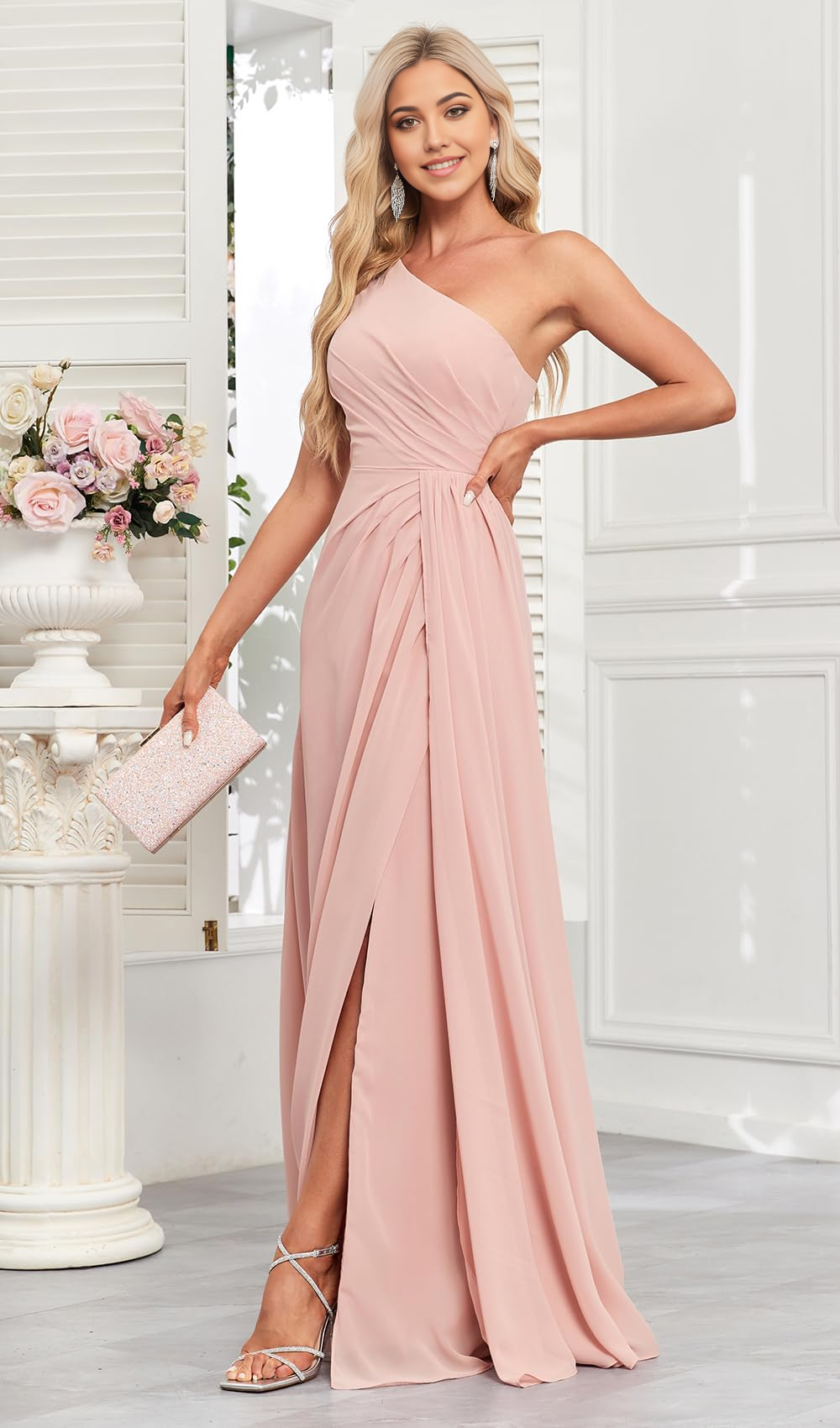 Wholesa A Line One Shoulder Long Ruched Chiffon formal dresses Bridesmaid Dresses evening gown Prom Dress with Slit