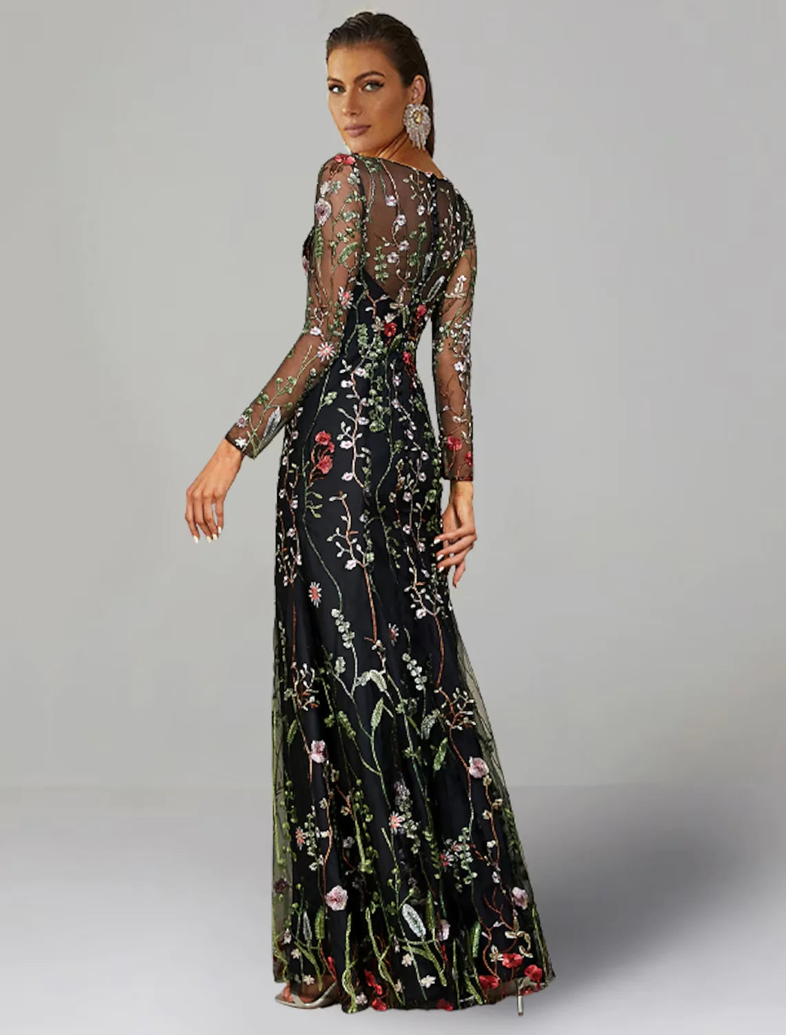 Wholesa Sheath / Column Wedding Guest Dresses Floral Dress Wedding Guest Floor Length Long Sleeve Jewel Neck Tulle with Embroidery