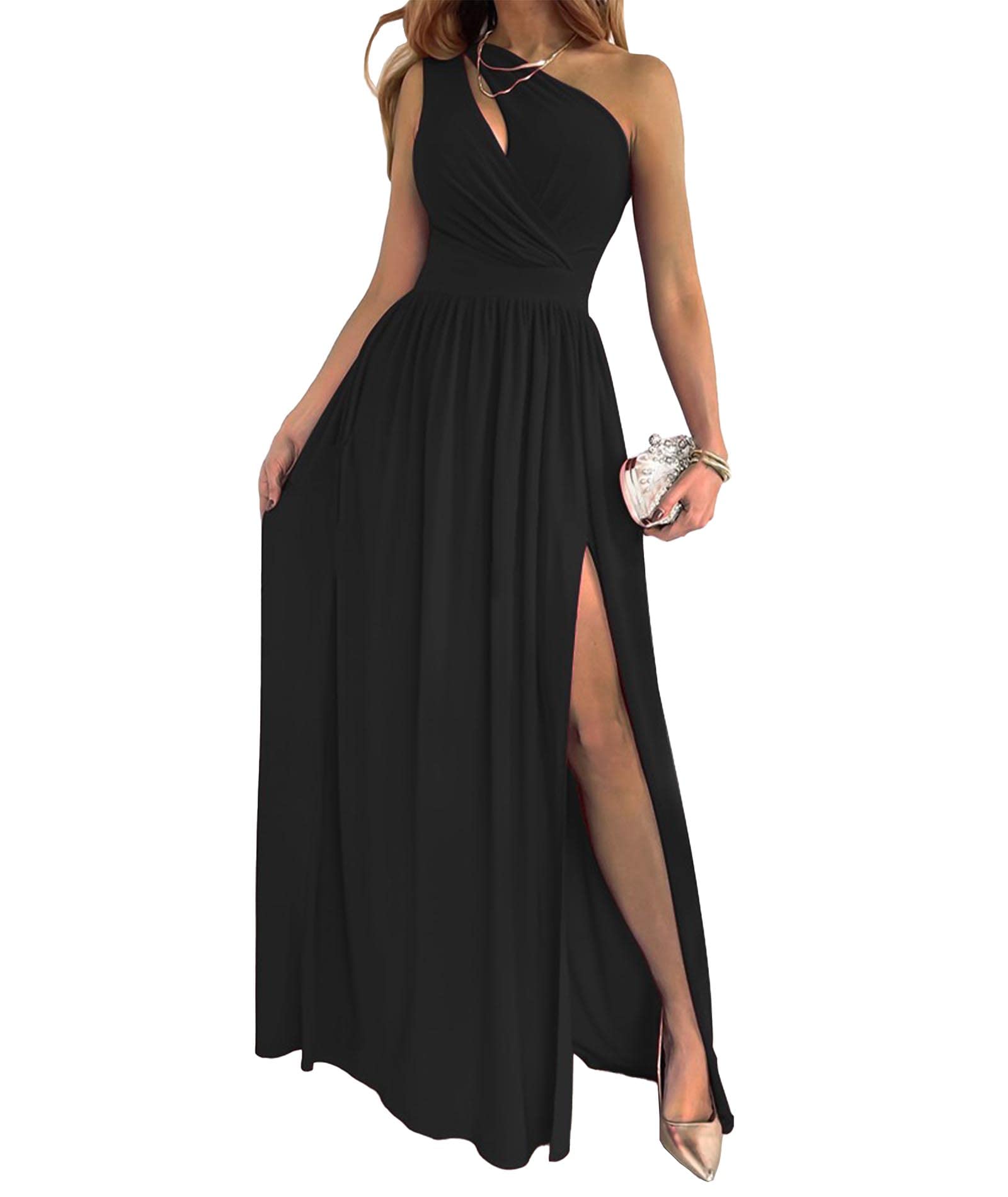 Wholesa A-line One Shoulder Cutout Pleated Sleeveless High Slit formal dresses Bridesmaid Dresses evening gown Prom Dress