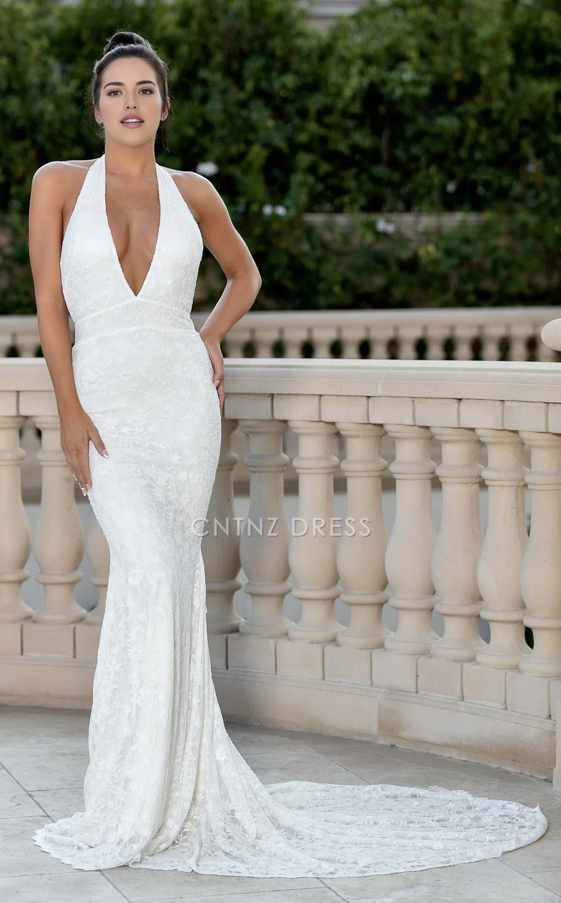 CNTNZ DRESS Charming Mermaid Sleeveless Halter Deep V Neck Backless Lace Exquisite Sweep Train Hot Sale Wedding Dress