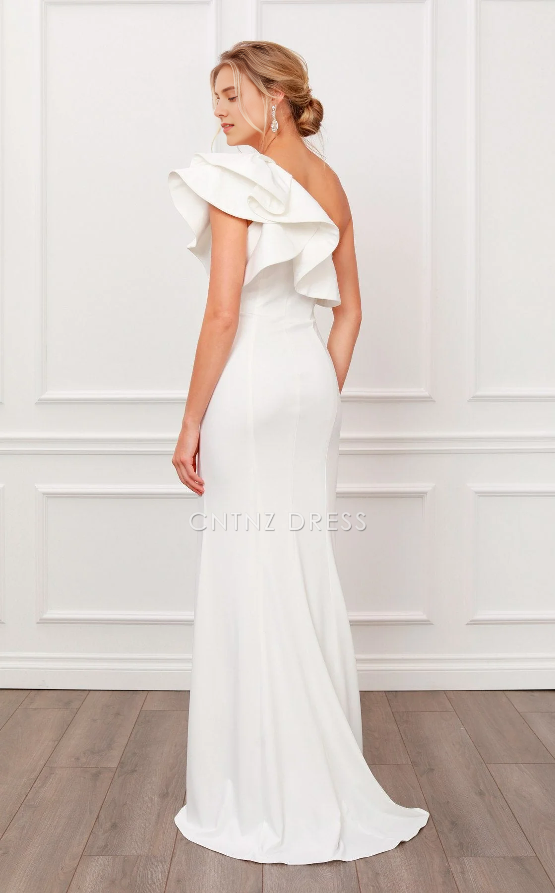 CNTNZ DRESS Exquisite Sheath One-Shoulder Ruched Sleeves Side Fork Elegant Hot Sale Wedding Dress