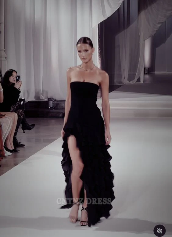 Wholesa Sheath Strapless Chiffon Floor Length High Low Black formal dresses Bridesmaid Dresses evening gown Prom Dress