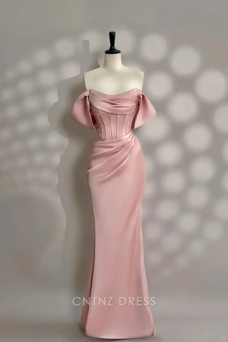 Wholesa Mermaid Off Shoulder Pretty Pearl Beading Pink formal dresses Bridesmaid Dresses evening gown Prom Dress
