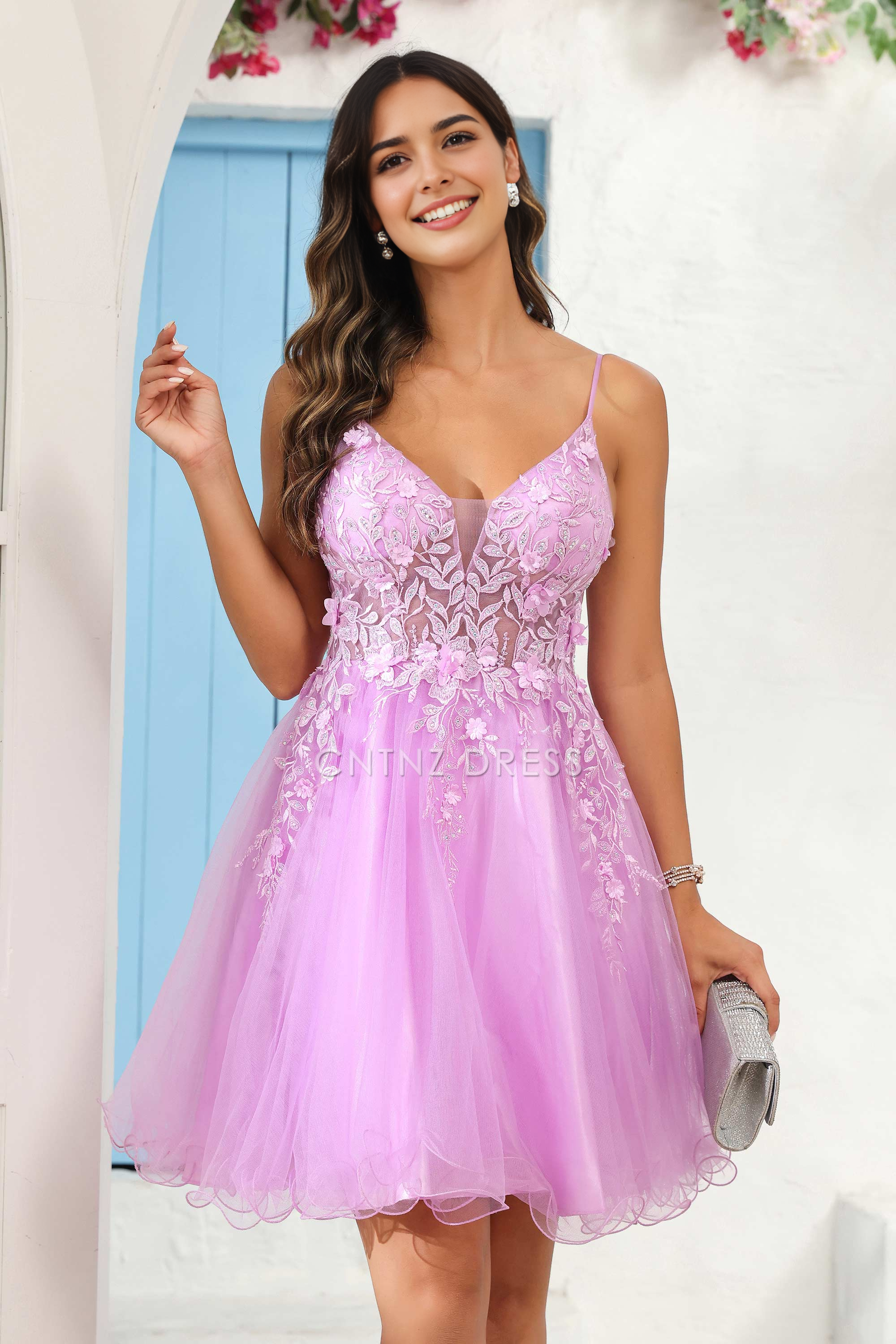 CNTNZ DRESS Exquisite A Line V Neck See-through Applique Tulle Backless Mini Dress Hot Sale Homecoming Dress