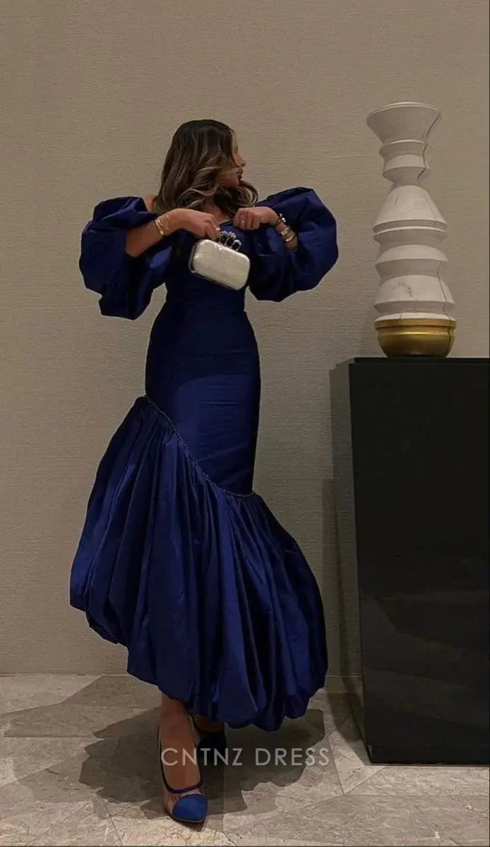 Wholesa Mermaid Puff Sleeves Blue Pleated formal dresses Bridesmaid Dresses evening gown Prom Dress