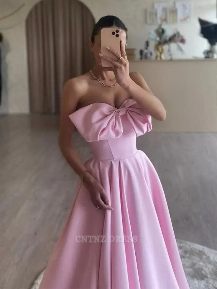 Wholesa A-Line Strapless Pink Satin Long formal dresses Bridesmaid Dresses evening gown Prom Dress