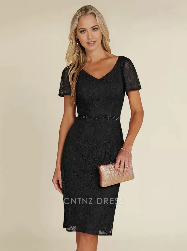 Wholesa Sheath V-Neck Short Sleeves Short Lace Knee-Length Wedding Guest Dresses Mother of the Bride Dresse