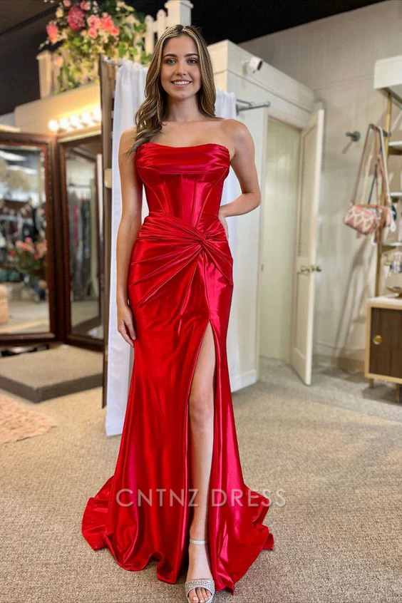 Wholesa Mermaid Strapless Ruched Red Long formal dresses Bridesmaid Dresses evening gown Prom Dress with Slit