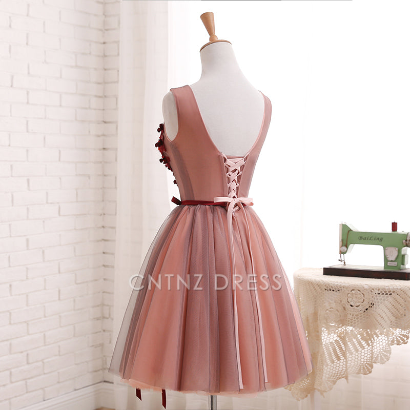CNTNZ DRESS Hot Sale Short Prom Dress A Line V Neck Sleeveless Tulle Flowers Fashion Homecoming Dress