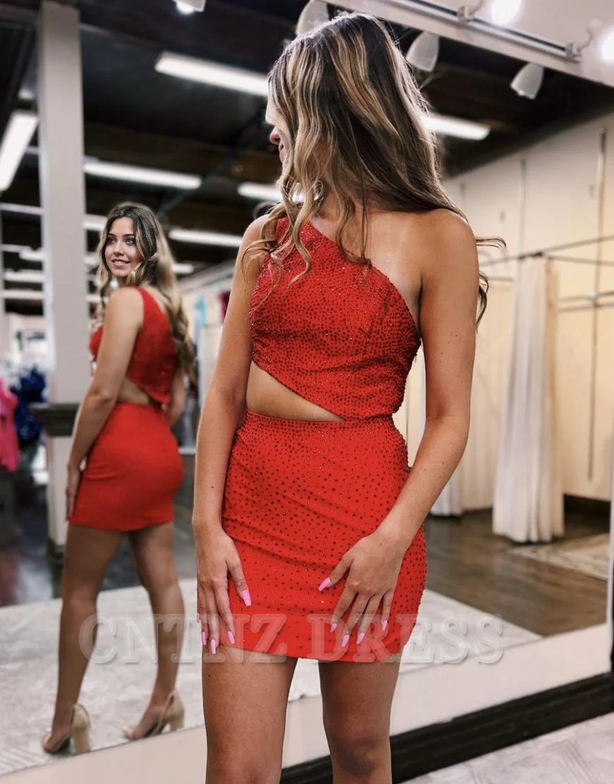 Wholesa Sheath One Shoulder Cutout Waist Short Glitter Black formal dresses evening gown Prom Dress Homecoming Dress