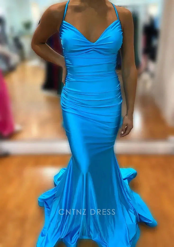 Wholesa Mermaid V Neck Sleeveless Sweep Train formal dresses Bridesmaid Dresses evening gown Prom Dress With Pleated