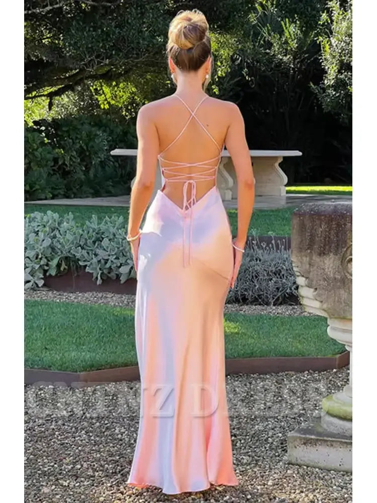 Wholesa Elegant Spaghetti Strap Backless Lace-Up Split Satin formal dresses Bridesmaid Dresses evening gown Prom Dress