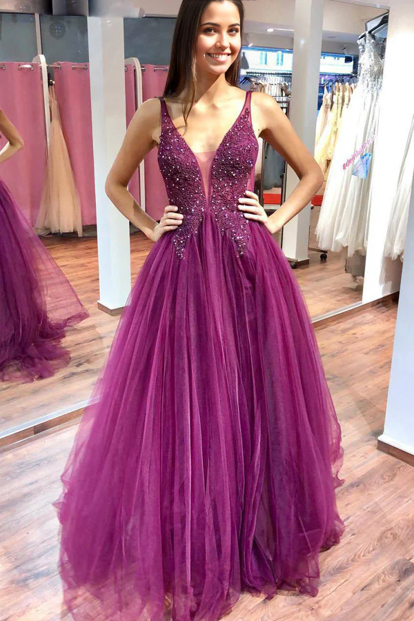 Wholesa Sparkly V-neck Tulle Lace Long Prom Dresses with Beaded
