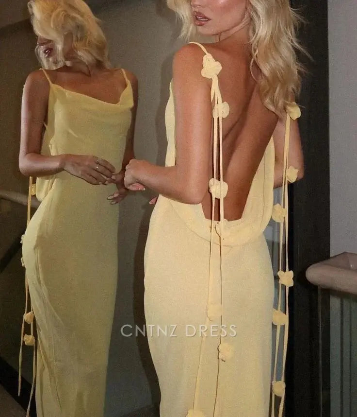 Wholesa Sheath Pretty Yellow Backless formal dresses Bridesmaid Dresses evening gown Prom Dress With Flowers