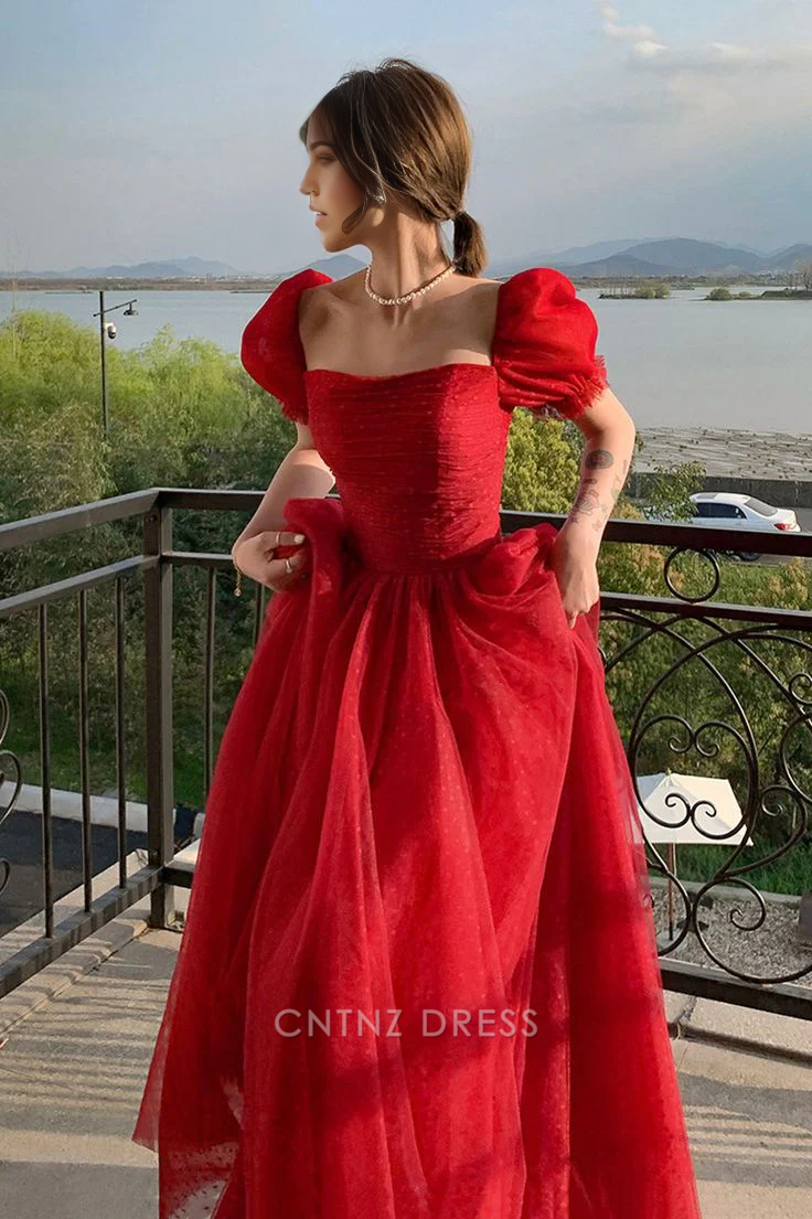 Wholesa A Line Sweetheart Pretty Red Tulle formal dresses Bridesmaid Dresses evening gown Prom Dress