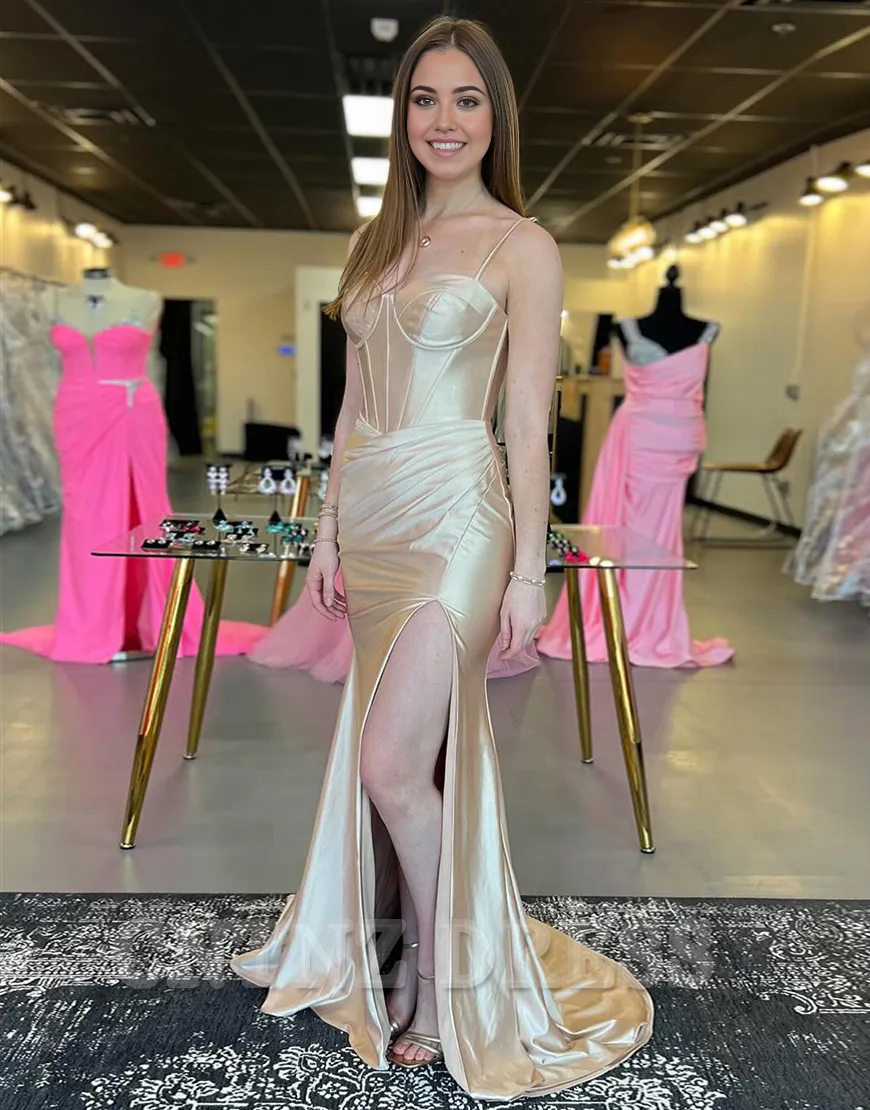 Wholesa Mermaid Spaghetti Straps Corset Ruched Satin Champagne Long formal dresses Bridesmaid Dresses evening gown Prom Dress with Slit