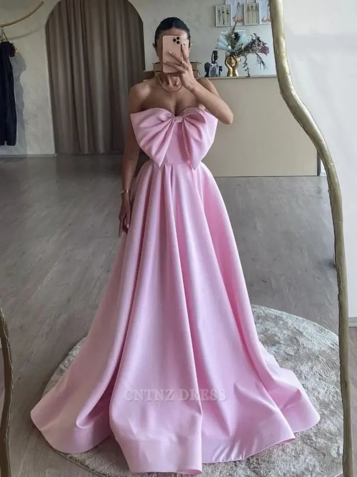 Wholesa A-Line Strapless Pink Satin Long formal dresses Bridesmaid Dresses evening gown Prom Dress