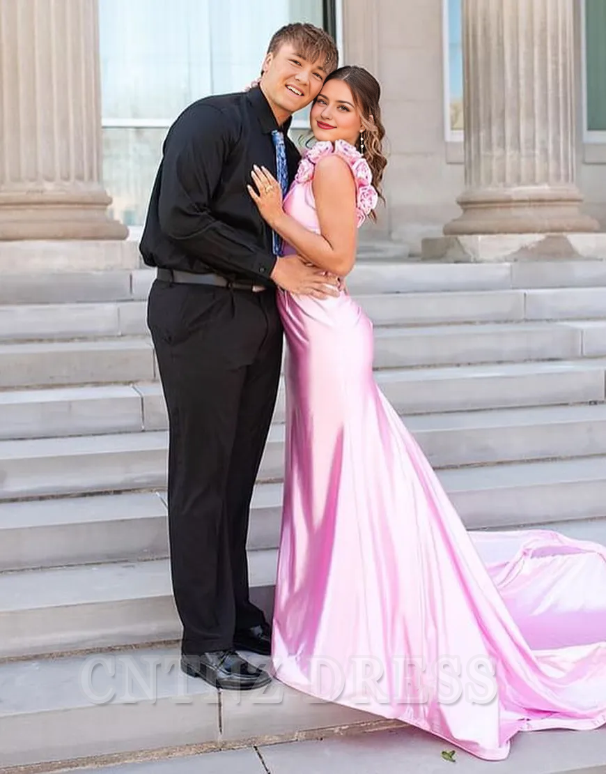 Wholesa Mermaid Flowers Shoulder Straps Satin Pink Long formal dresses evening gown Prom Dress