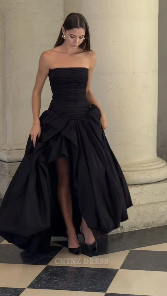 Wholesa A-line Strapless Black Satin Ruffles Long formal dresses Bridesmaid Dresses evening gown Prom Dress