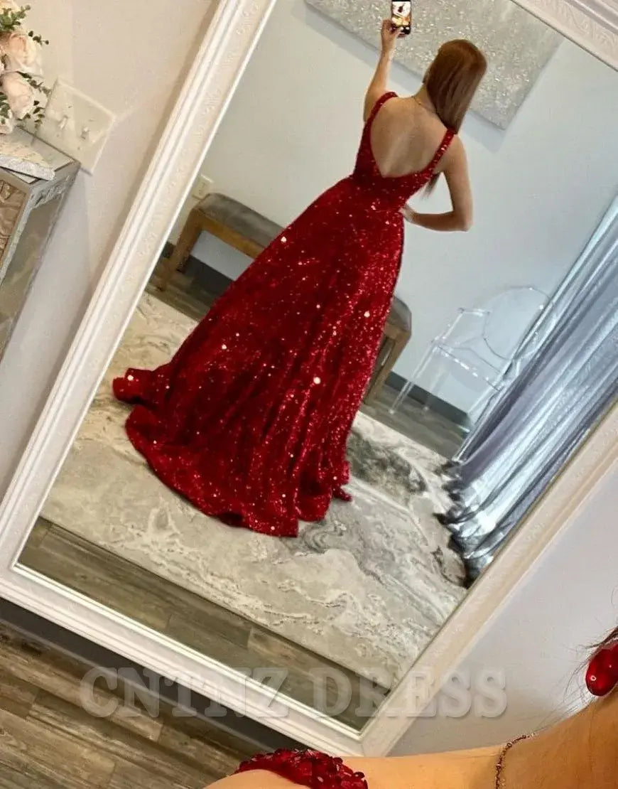 Wholesa A-Line Shoulder Straps Long Sequin formal dresses evening gown Prom Dress