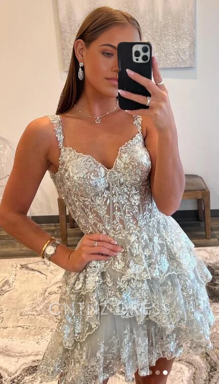Wholesa A Line Tiered Appliques Short Glitter formal dresses Bridesmaid Dresses evening gown Prom Dress Homecoming Dress