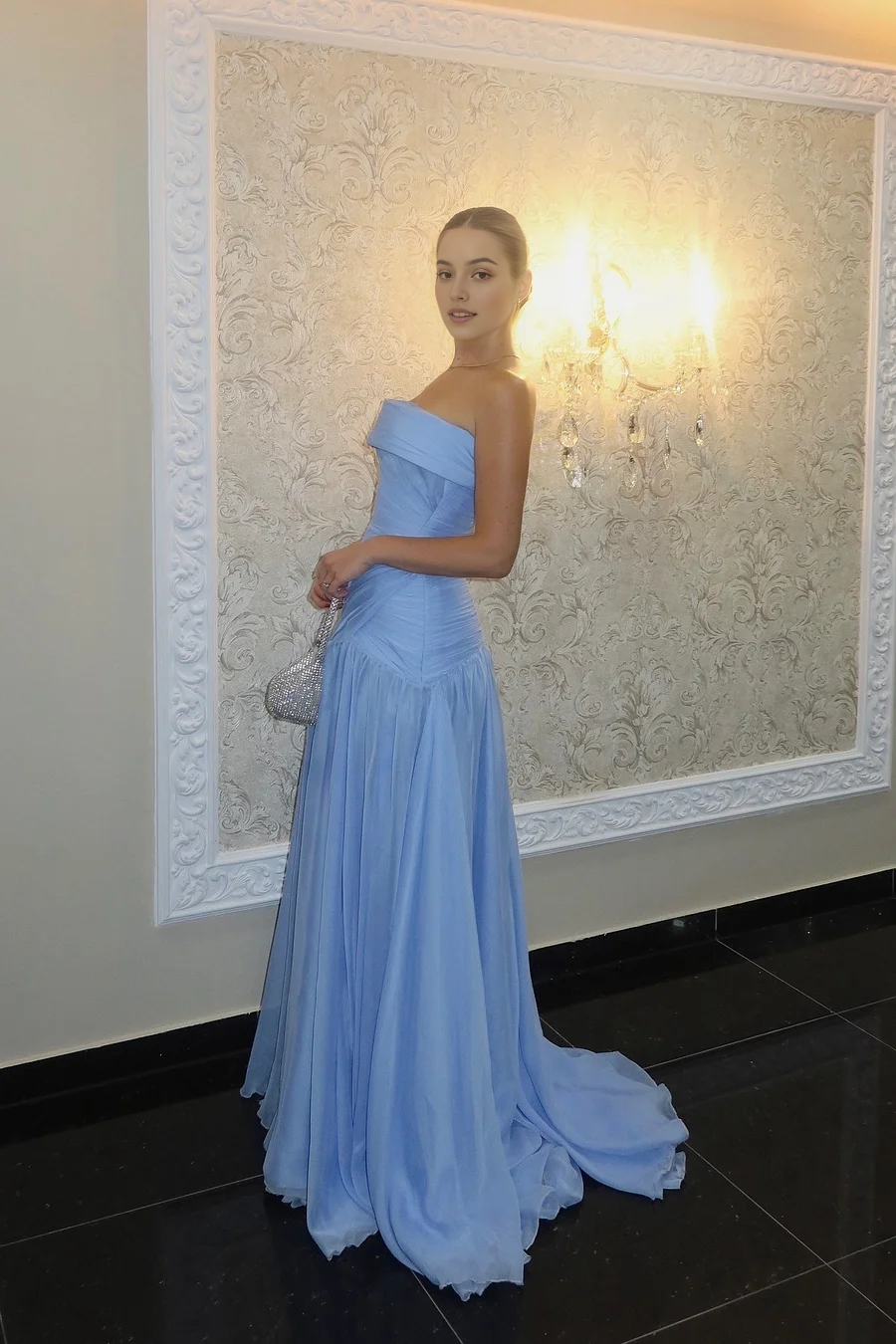 Chic Blue A Line Strapless Sleeveless With Pleated Evening Gowns Exquisite Long Prom Dress