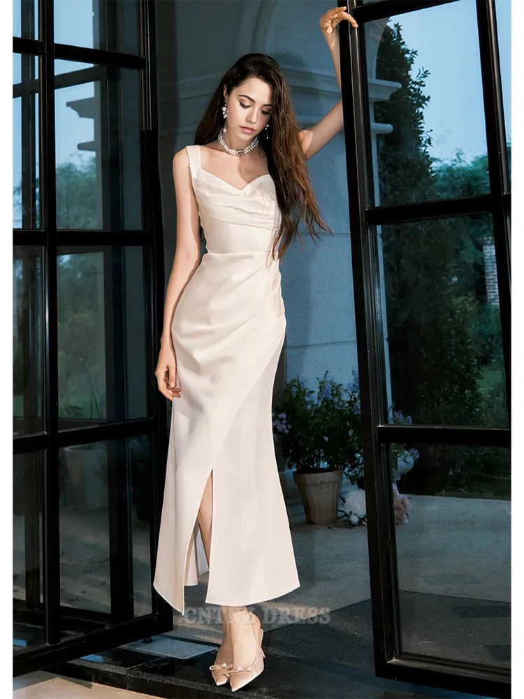 Wholesa Sheath Straps Sleeveless Ivory Satin Knee Length formal dresses Bridesmaid Dresses evening gown Prom Dress