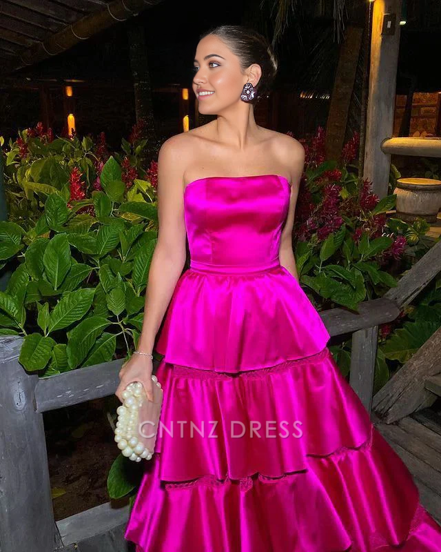 Wholesa A Line Tiered Beautiful Strapless Satin Hot Pink formal dresses Bridesmaid Dresses evening gown Prom Dress