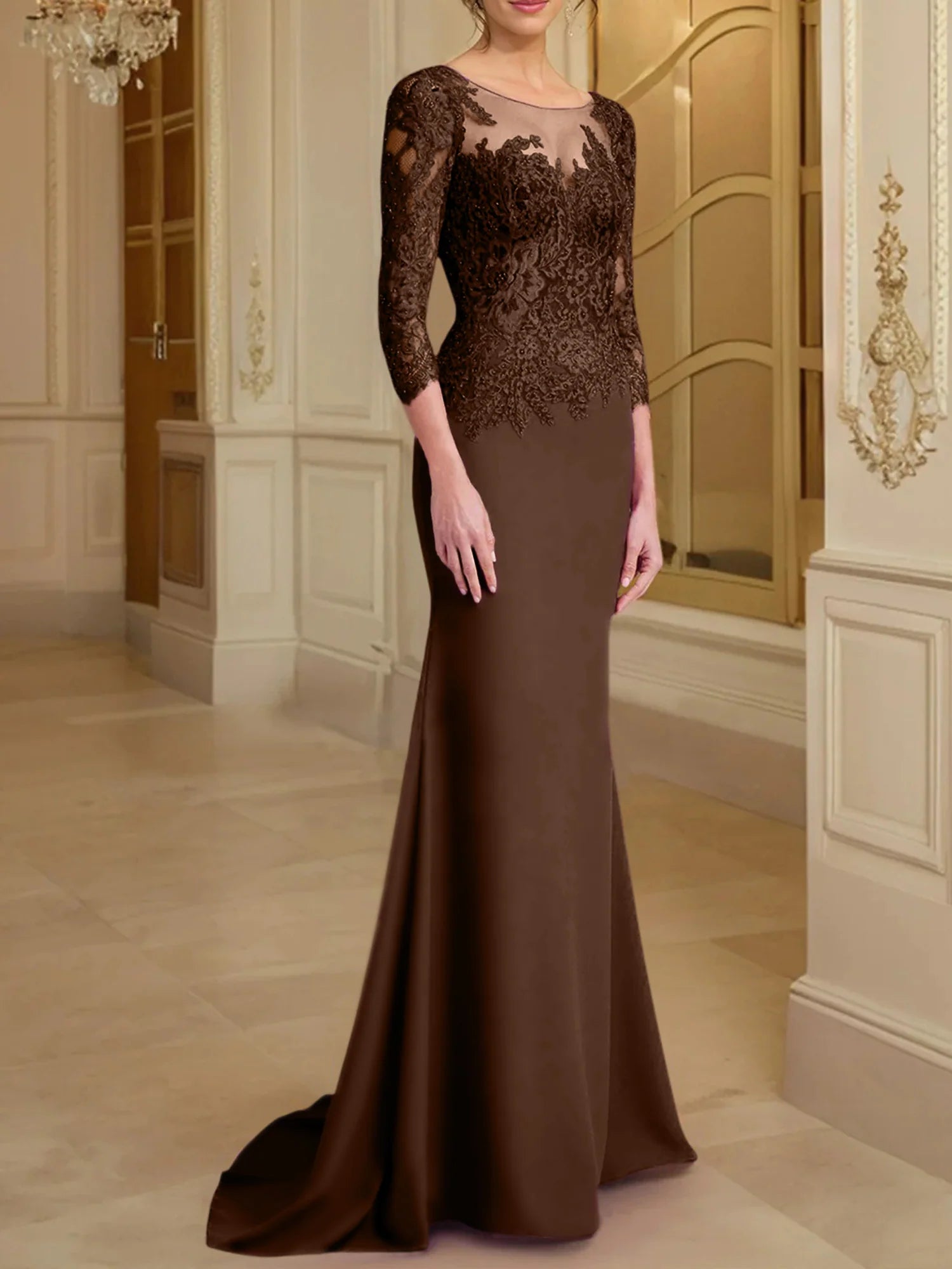 Wholesa Mermaid Scoop Long Sleeves Mother Of The Bride Dresses With Lace