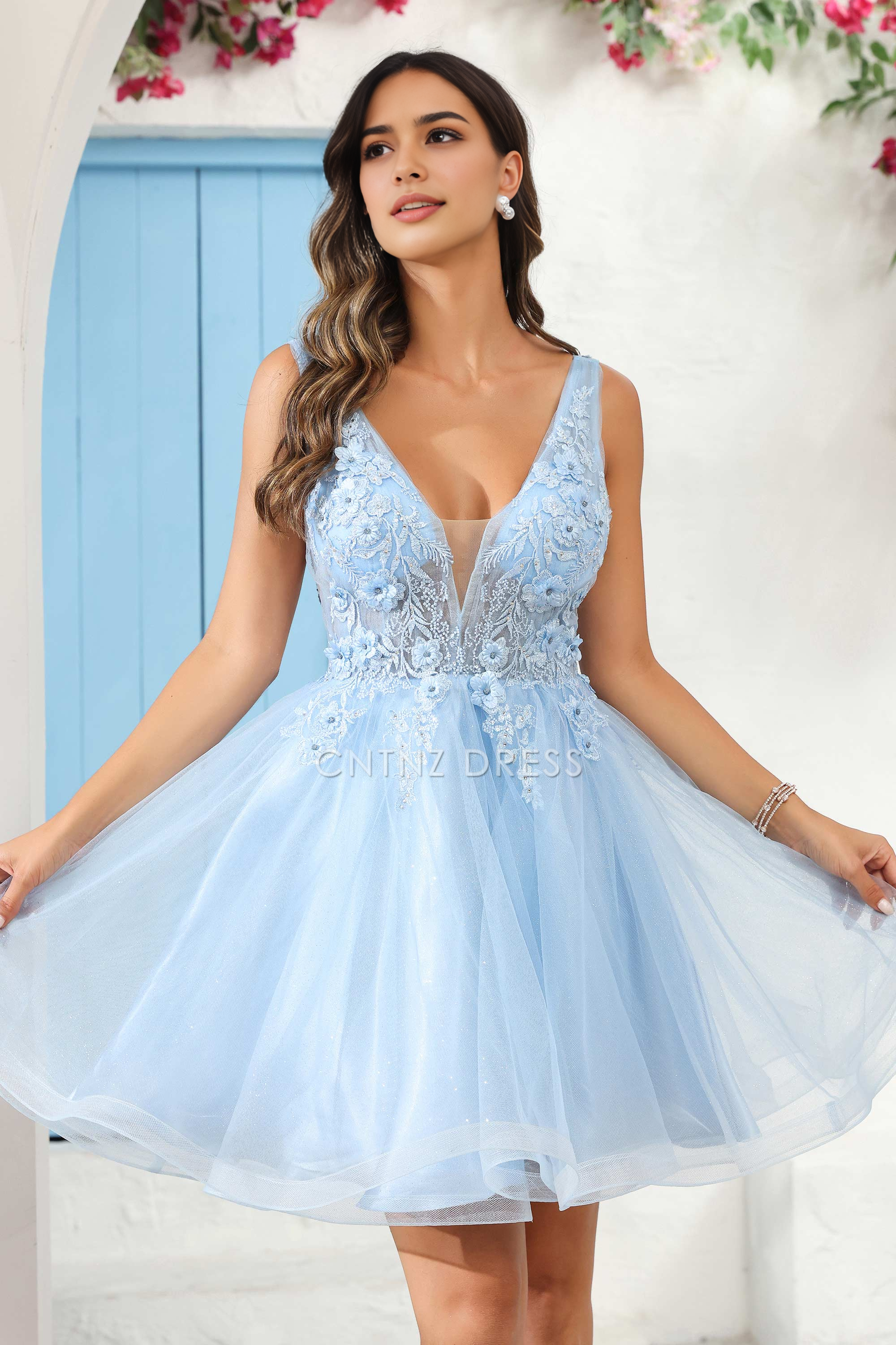 CNTNZ DRESS Exquisite A-Line Deep V Neck Sleeveless Floral Applique See-through Romantic Mini Dress Hot Sale Homecoming Dress