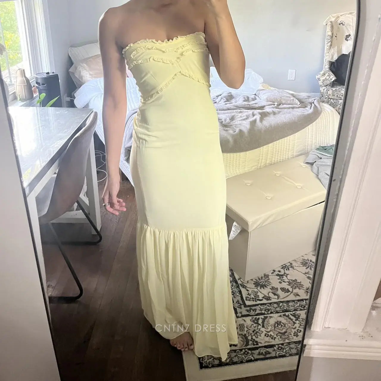 Wholesa Mermaid Cute Strapless Chiffon Ruffles Yellow formal dresses Bridesmaid Dresses evening gown Prom Dress