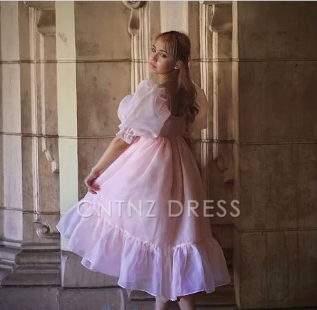 Wholesa A-line princess puff sleeves organza pink formal dresses Bridesmaid Dresses evening gown Prom Dress