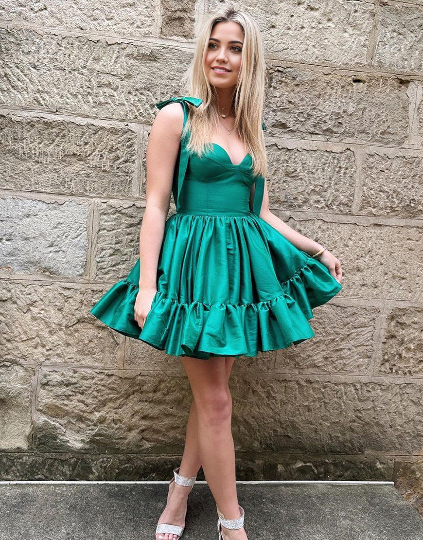 Wholesa A-Line Tie Straps Short Satin Green formal dresses Bridesmaid Dresses evening gown Prom Dress Homecoming Dress