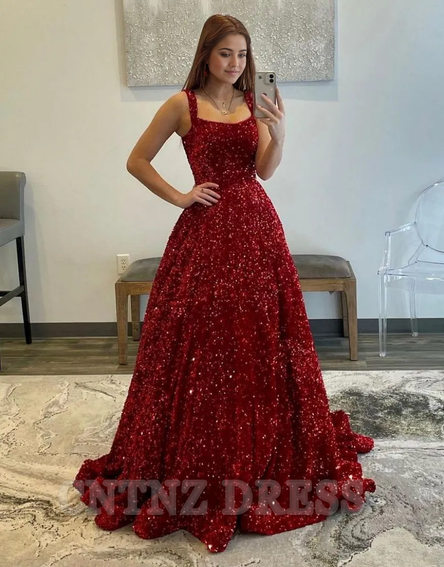 Wholesa A-Line Shoulder Straps Long Sequin formal dresses evening gown Prom Dress