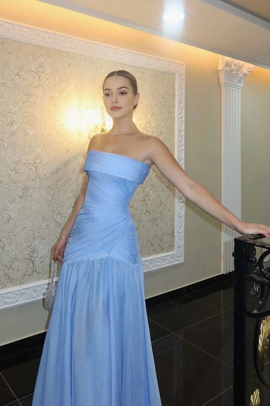 Chic Blue A Line Strapless Sleeveless With Pleated Evening Gowns Exquisite Long Prom Dress