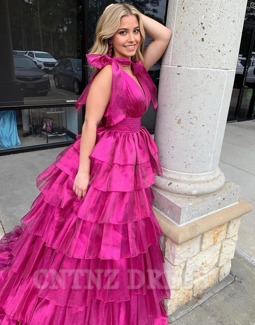 Wholesa A-Line Deep V-Neck Long Tiered formal dresses evening gown Prom Dress With Split