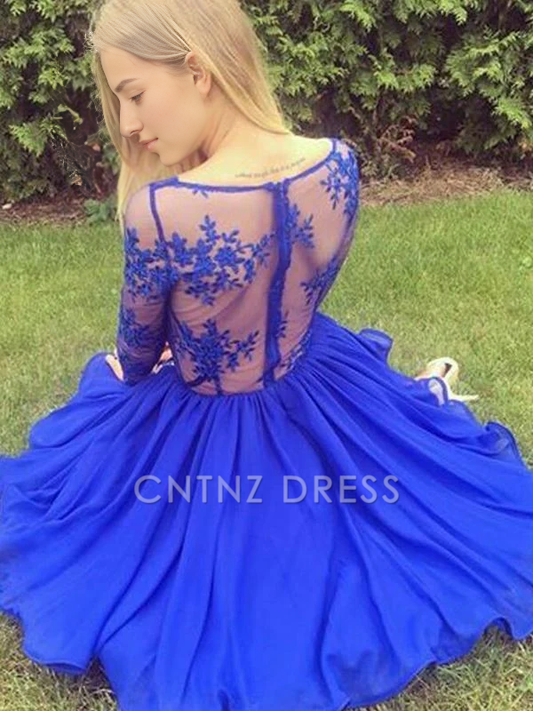 CNTNZ DRESS Hot Sale Short Prom Dress A-Line Satin Long Sleeves Cokctail Dresses Lace Applique Fashion Homecoming Dress