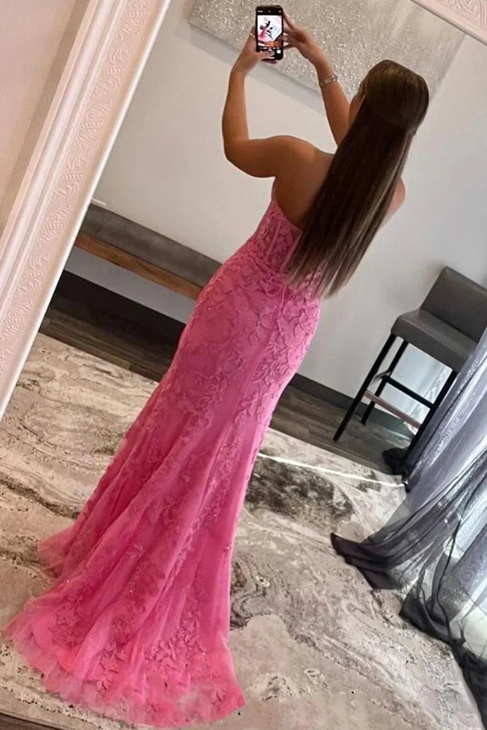 Wholesa Corset Sweetheart Long Lace Prom Dress with Slit